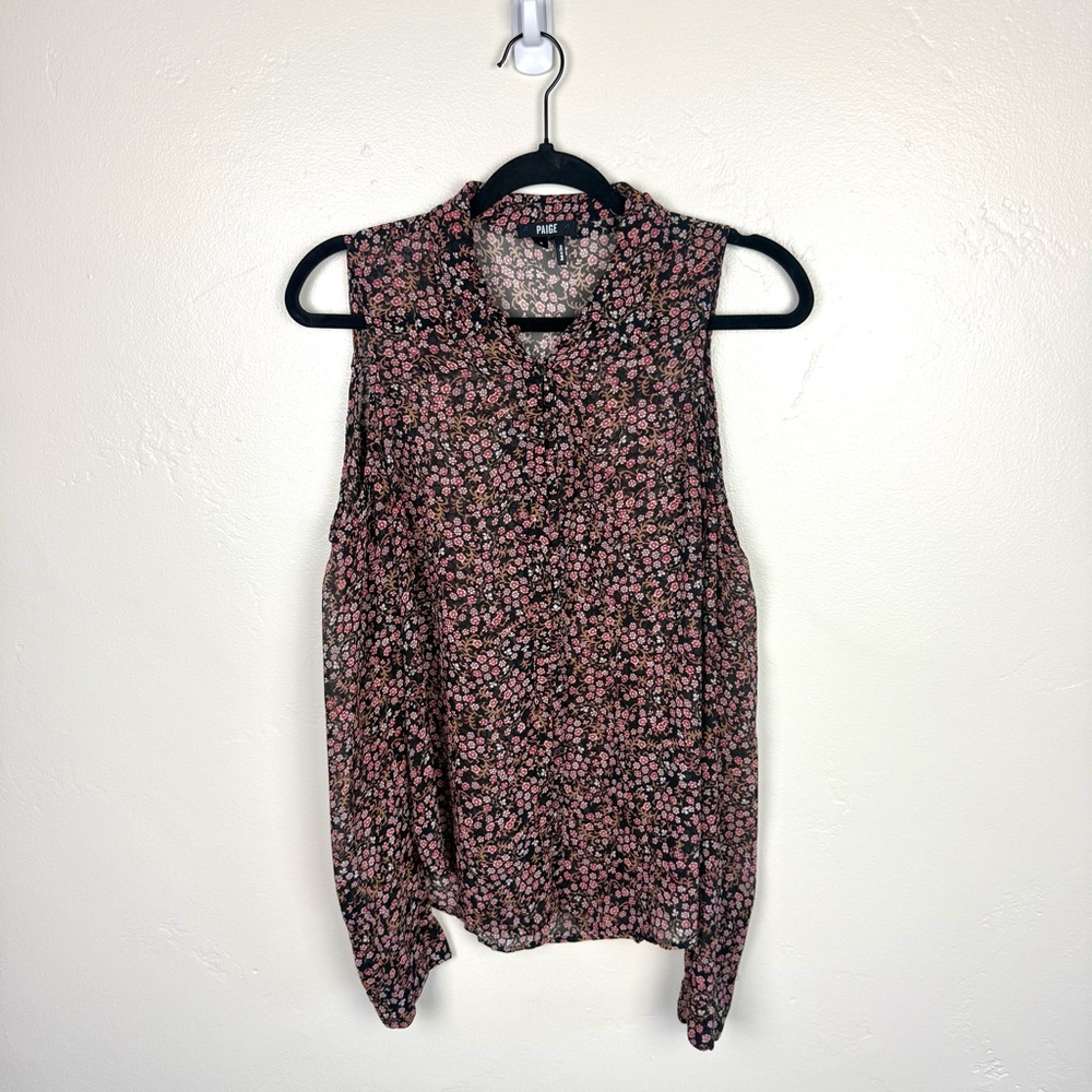 PAIGE Silk Floral Blouse Tie Neck Cutout Shoulder Boho Romantic Top